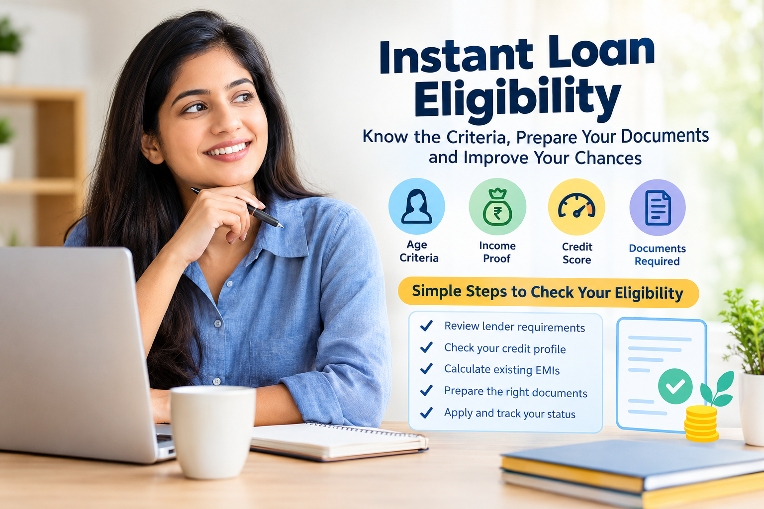 Instant loan eligibility criteria showing age, income proof, credit score, required documents, and steps to check personal loan eligibility.